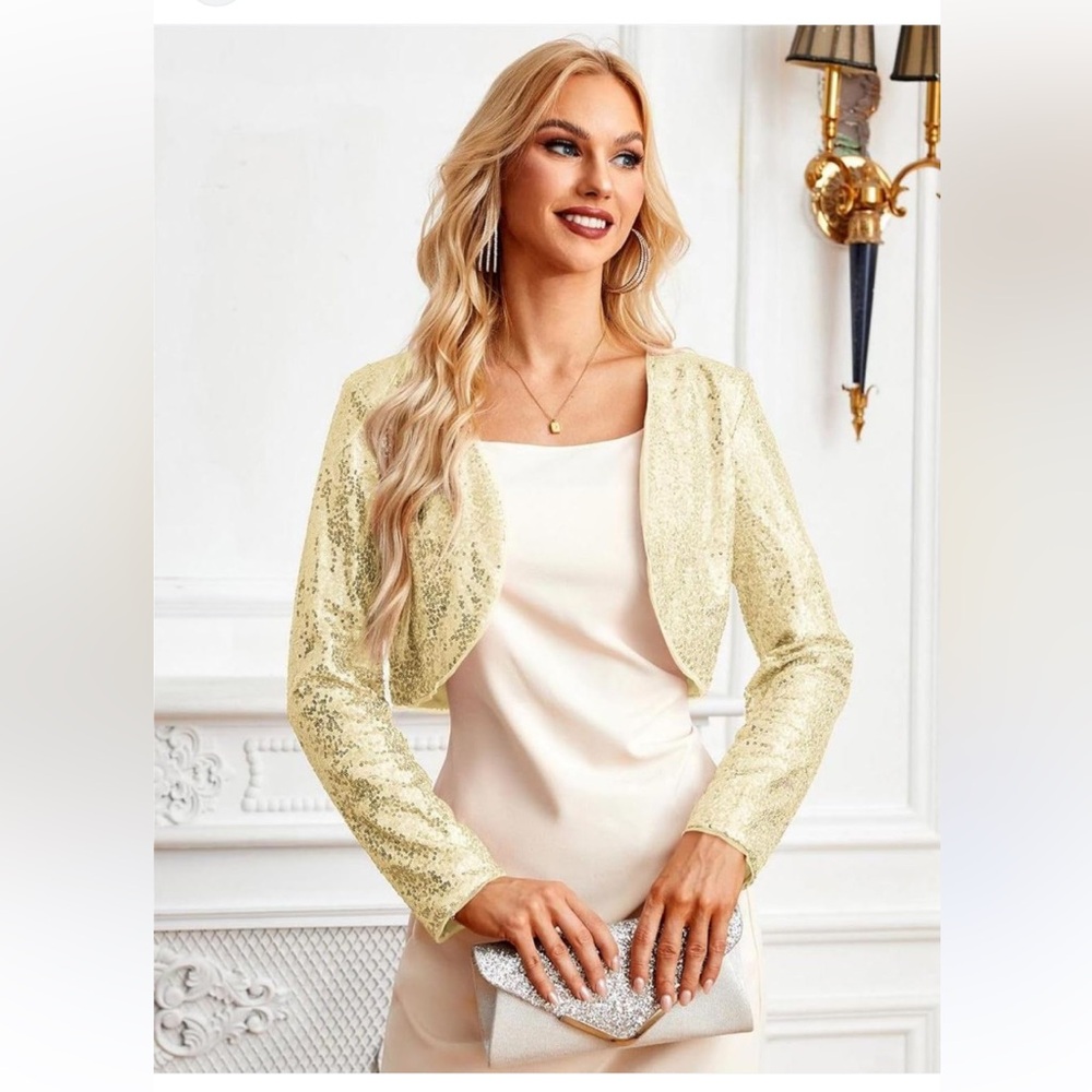 Belle Poque Women's Sequin Jacket Long Sleeve Open Front Glitter Cropped Blazer‎